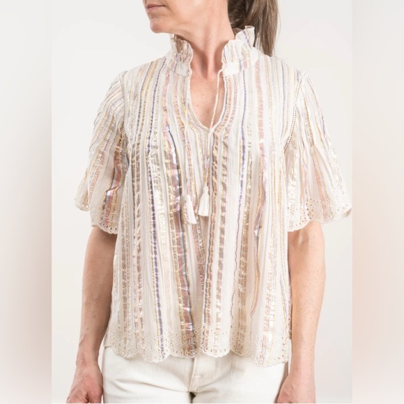 Sea New York Tops - Sea New York Size 12 • Harriet Pintucked White Metallic Stripe Eyelet Blouse Top